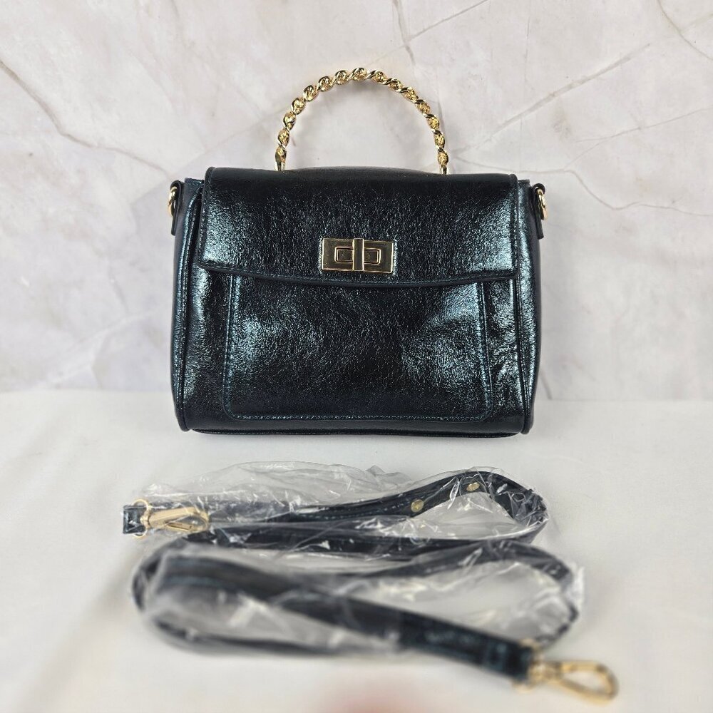 INC Metallic Green Top Handle Satchel Gold Hardware Faux Leather Long Strap NOWT